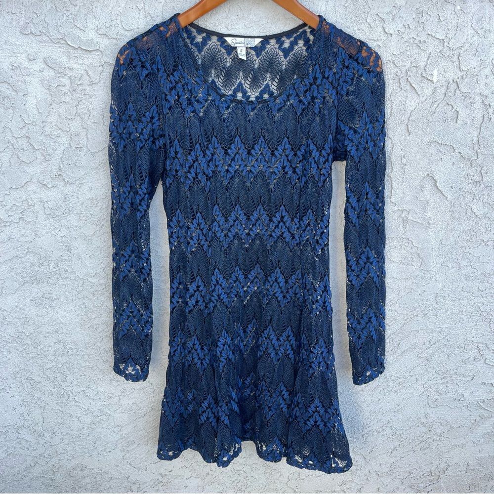 Lace Navy Blue Black Fit & Flare Mini Skater Dress SZ SM Long Sleeve Whimsy Goth